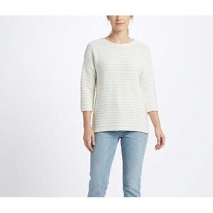 Kinross White Round Neck 3/4 Sleeve Cotton Pullover Knit Sweater Small Preppy